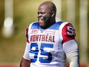 Corvey Irvin of the Montreal Alouettes during warm up before playing the Calgary Stampeders in CFL football in Calgary, Alta. on Saturday August 1, 2015. On March 13, 2017, the Blue Bombers signed the free-agent defensive tackle Corvey Irvin, who was with Saskatchewan last season.
Al Charest/Calgary Sun/Postmedia Network