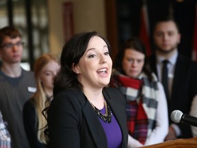 Brianne Conlon of Petryna Advertising, and a former participant in the Northern Ontario Internship Program, makes a point at an announcement for the program at Tom Davies Square on Monday. John Lappa/Sudbury Star