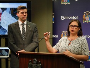 Don Iveson (left, Mayor of Edmonton) and Susan McGee (right, CEO, Homeward Trust Edmonton) discuss the progress being made to update Edmonton’s Plan to End Homelessness at City Hall on Monday March 13, 2017. (PHOTO BY LARRY WONG/POSTMEDIA)