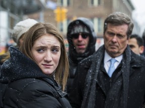 Rally organizer Marlee Socket and Toronto Mayor John Tory are pictured at a demonstration against anti-Semitism Monday at the Miles Nadal Jewish Community Centre. (ERNEST DOROSZUK, Toronto Sun)