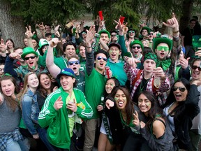 Western University students get their Irish on at a St. Patrick's Day party on Broughdale Ave. in London, Ont. on Thursday March 17, 2016. (DEREK RUTTAN, The London Free Press)