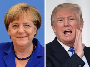 This combination shows U.S. President Donald Trump and German Chancellor Angela Merkel. (DON EMMERT/TOBIAS SCHWARZ/AFP/Getty Images)
