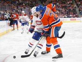 Leon Draisaitl of the Edmonton Oilers battles against Phillip Danault of the Montreal Canadiens at Rogers Place in Edmonton on March 12, 2017. (Getty Images)