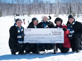 Nickel Belt MP Marc Serré (left), Kivi Park leader Melissa Sheridan, Mrs. Lily Fielding, Ward 9 Coun. Deb McIntosh and Sudbury Mayor Brian Bigger at Kivi Park to celebrate her $3 million donation. Supplied photo