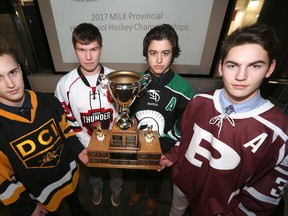 St. Paul’s forward Max McLean (right) won both a provincial hockey and football title for his school this year as did Kieran Guttormson (not pictured). The Crusaders beat Vincent Massey 8-4 in the final on Monday night in Portage La Prarie. Chris Procaylo/Postmedia Network