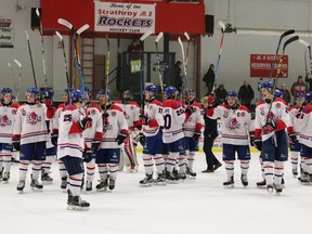 The Strathroy Rockets salute their fans after being eliminated from post-season action in four straight games by the first place LaSalle Vipers at the West Middlesex Memorial Centre on Tuesday, March 7. The Rockets lose just two players to age, putting the club in an excellent position to move significantly up the standings next season. (Colleen Wiendels Photography)