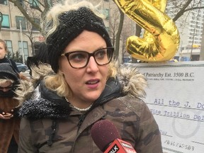 Mandi Gray holds a rally outside University Ave. court on Tuesday, March 14, 2017. (Sam Pazzano/Toronto Sun)