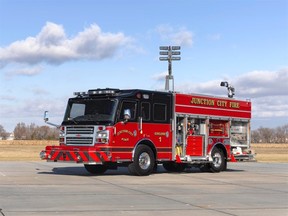 St. Thomas Fire’s newest fleet addition has yet to be built, but this is an example of what the brand new $716,899.20 rescue vehicle will look like. The truck, built by Rosenbauer in South Dakota, will have a command centre space, a mobile air compressor for filling tanks, plenty of adjustable compartments and a light tower to illuminate nighttime scenes. (Contributed/Rosenbauer)