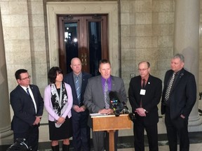 MLA Len Isleifson (Brandon East) addresses the media at the Manitoba Legislature on Tuesday, March 14, 2017, following second reading of his private member's Bill 214 to establish legislation for a Silver Alert system to find missing Manitobans with cognitive impairments.
Submitted photo/Handout