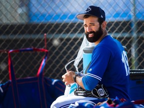 Toronto Blue Jays right fielder Jose Bautista looks on in the dugout during spring training in Dunedin on Feb. 19, 2017. (THE CANADIAN PRESS/Nathan Denette)