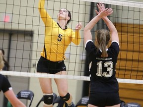 Cambrian's Hayley Chisholm plays the ball OCAA women's volleyball action between Cambrian College and College Boreal in Sudbury, Ont. on Wednesday, February 1, 2017. Cambrian won 3-0.Gino Donato/Sudbury Star/Postmedia Network