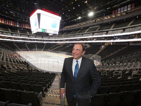 NHL Commissioner Gary Bettman poses for a photo during his first time inside a fully built Rogers Place in Edmonton on Tuesday, March 14, 2017. (David Bloom)