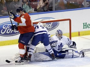 Florida Panthers center Aleksander Barkov celebrates after scoring against Toronto Maple Leafs goalie Frederik Andersen during an NHL game on March 14, 2017. (AP Photo/Alan Diaz)