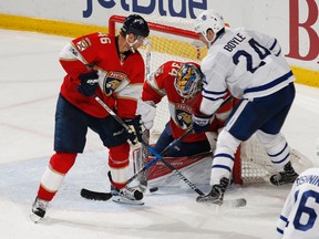 Goaltender James Reimer of the Florida Panthers stops a shot by Brian Boyle of the Toronto Maple Leafs as Jakub Kindl of the Panthers defends at the BB&T Center on March 14, 2017 in Sunrise, Fla. (JOEL AUERBACH/Getty Images)