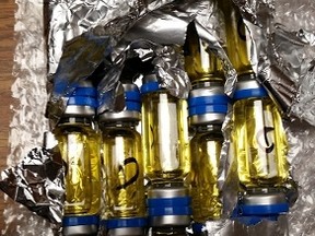 A photo provided by U.S. Customs and Border Protection shows vials of alleged anabolic steroids found in a package Jan. 18 at the Blue Water Bridge. (Handout/Sarnia Observer)