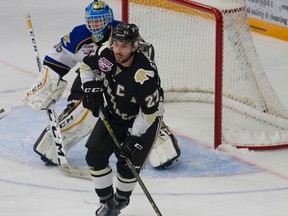 Bonnyville Pontiacs captain Ryan Symington partially blocks the view of Fort McMurray Oil Barons goaltender Eric Szudor during AJHL action at the Casman Centre in Fort McMurray Alta. on Wednesday September 28, 2016. The Pontiacs beat the MOB 4-2. Robert Murray/Fort McMurray Today/Postmedia Network