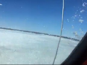 Ko’ona Cochrane travelling in a truck that was driving across the ice of Lake Winnipeg and shooting a video on Facebook when she captured the moment the vehicle plunged through the ice. (Facebook screengrab)