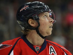 Nicklas Backstrom of the Washington Capitals looks on against the Minnesota Wild during an NHL game at the Verizon Center on March 14, 2017. (Patrick Smith/Getty Images)