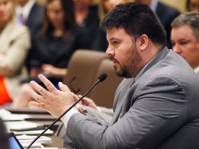 In this Feb. 22, 2017 file photo, Oklahoma state Sen. Ralph Shortey, R-Oklahoma City, speaks during a Senate committee meeting in Oklahoma City. The Oklahoma Senate has voted to punish Shortey, who police say was found with a teenage boy in a motel room. Police officials in the Oklahoma City suburb of Moore are still investigating the circumstances surrounding an incident last week involving Sen. Shortey and a teenager. No charges have been filed. (AP Photo/Sue Ogrocki, File)