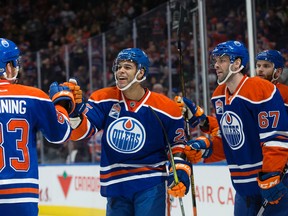 Edmonton Oilers' Darnell Nurse (25) celebrates his goal against the Dallas Stars during second period NHL action at Rogers Place, in Edmonton Tuesday, March 14, 2017.