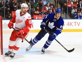 Xavier Ouellet of the Detroit Red Wings and Brian Boyle of the Toronto Maple Leafs skate up the ice during an NHL game at Air Canada Centre on March 7, 2017. (Vaughn Ridley/Getty Images)