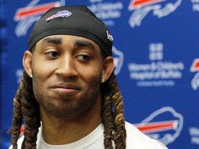 In this June 14, 2016, file photo, Buffalo Bills cornerback Stephon Gilmore speaks to the media in Orchard Park, N.Y. (AP Photo/Bill Wippert, File)