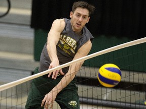 Chris Towe of the University of Alberta Golden Bears men's volleyball team takes part in practice at the Saville Community Sports Centre, in Edmonton Wednesday, March 15, 2017. The Golden Bears are hosting the 2017 U Sports FOG men's volleyball national championships at the Saville Community Sports Centre from March 17-19.