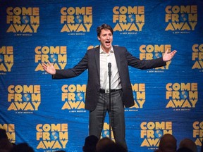 Prime Minister Justin Trudeau speaks to the audience before the start of the Broadway musical "Come From Away" in New York City on Wednesday, March 15, 2017. (THE CANADIAN PRESS/Ryan Remiorz)