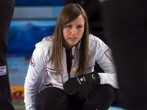 Canada's skip Rachel Homan watches a rock against the United States at the world women's curling championship in Riga, Latvia on Saturday, March 23, 2013. THE CANADIAN PRESS/Andrew Vaughan