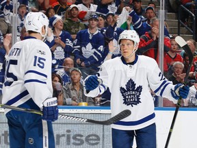 Nikita Soshnikov celebrates his second period goal with Matt Martin of the Toronto Maple Leafs against the Florida Panthers at the BB&T Center on March 14, 2017. (Joel Auerbach/Getty Images)