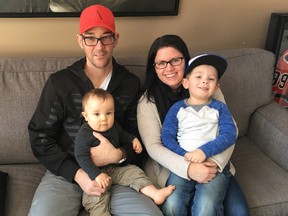 BRUCE BELL/THE INTELLIGENCER
Jason Bennett has a new lease on life after receiving a double transplant — a kidney and a pancreas — in October. He is pictured in the family’s Belleville home with his wife Miranda, sons Ryker, 3, and Asher, 10 months.
