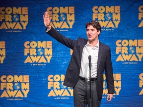 Prime Minister Justin Trudeau speaks to the audience before the start of the Broadway musical "Come From Away", in New York City on Wednesday, March 15, 2017. THE CANADIAN PRESS/Ryan Remiorz