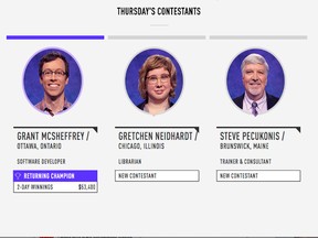 Grant McSheffrey, an Ottawa software developer, is making a name for himself on Jeopardy, with two wins in a row. (Screengrab)
