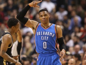 Russell Westbrook in first half action as the Toronto Raptors trail the Oklahoma City Thunder at the Air Canada Centre in Toronto on March 16, 2017. (Stan Behal/Toronto Sun/Postmedia Network)