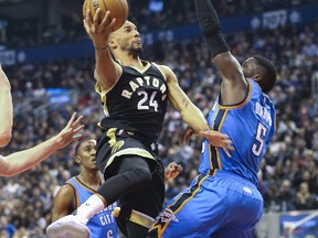 Raps guard Norman Powell tries to catch up against the Thunder last night at ACC. (Stan Behal/Toronto Sun)