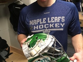 Leafs goalie Frederik Andersen shows off the mask he’ll wear against the Blackhawks on Saturday. (Mike Zeisberger/Toronto Sun)
