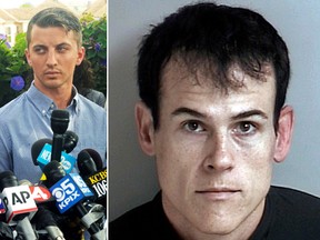 Denise Huskins, left, and her boyfriend Aaron Quinn, middle, appear at a news conference in Vallejo, Calif in July 13, 2015 file photo. Matthew Muller, right, a disbarred Harvard University-trained attorney, faces decades in prison when he is sentenced Thursday, March 16, 2017, for kidnapping Huskins in a scheme so elaborate and bizarre that police in California initially dismissed it as a hoax. (Mike Jory/The Times-Herald via AP and Dublin Police Department photo)