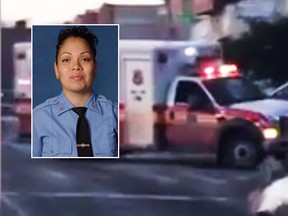 A video posted on YouTube shows a stolen ambulance turning on a street in the Bronx in New York City after it hit an emergency medical technician (Pictured: EMT Yadira Arroyo). (YouTube screengrab)