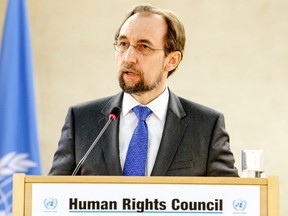 U.N. High Commissioner for Human Rights, Jordan's Zeid Ra'ad al Hussein, delivers his statement at the Human Rights Council, in Geneva, Switzerland.  (Salvatore Di Nolfi/Keystone via AP.file)