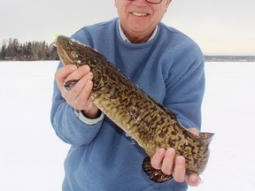 Ice angler Emmerson Dober with his St. Patrick “snake” – a Lake Wabamun burbot