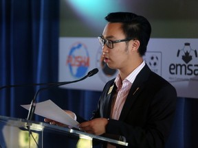 NDP Edmonton-Southwest MLA Thomas Dang speaks at the grand opening of the Ivor Dent Sports Park on Saturday, June 27, 2015 in Edmonton, AB. Trevor Robb