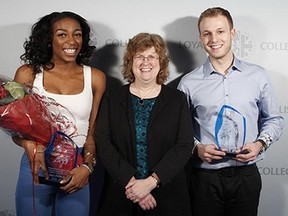 Yader Guzman photo
Loyalist College President Ann Marie Vaughan (centre) poses with Lancers Athletes of the Year Sara Piana Yafu and Adam Strickland during Loyalist's annual Athletic Awards Banquet Wednesday.