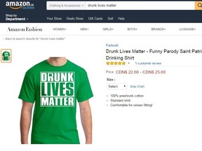 Online retailer Amazon has come under fire for selling "Drunk Lives Matter" apparel. (Screengrab)