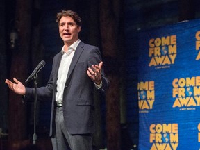 Prime Minister Justin Trudeau speaks to the audience before the start of the Broadway debut of the musical "Come From Away", in New York City on Wednesday, March 15, 2017. (THE CANADIAN PRESS/Ryan Remiorz)