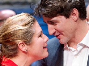 Prime Minister Justin Trudeau chats with his wife, Sophie Gregoire, after watching the Broadway musical "Come From Away", in New York City on Wednesday, March 15, 2017. (THE CANADIAN PRESS/Ryan Remiorz)