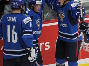 Finnish players Aleksander Barkov, from left, Miro Aaltonen and Alexander Ruuttu celebrate a goal scored by Aaltonen during World Junior Hockey pre-tournament action between Slovakia and Finland at the Winsport Athletic & Ice Complex on December 21 2011 in Calgary. (Dean Bicknell/Postmedia Network)