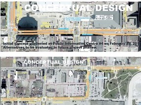 Designs show bus rapid transit routes in downtown London, top, on King Street from Richmond to Ridout streets and, below, on Dundas and King streets from Quebec to Hewitt streets.