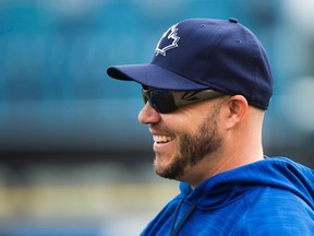 Toronto Blue Jays infielder/outfielder Steve Pearce laughs after batting practice during spring training in Dunedin on Feb. 23, 2017. (THE CANADIAN PRESS/Nathan Denette)