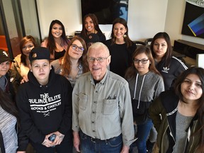 Wallis Kendal, director of Moving the Mountain program, with some of the young women in the program and two Harvard students, Megan Red Shirt-Shaw and Kacey Gill, in Edmonton on March 17, 2017. The program is now trying to find funders to get it restarted in a new location. Ed Kaiser/Postmedia