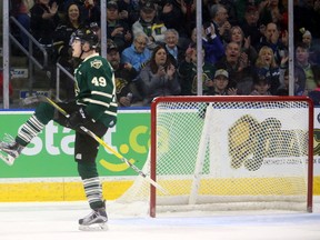 Max Jones of the Knights celebrates his go ahead goal in the first period making it 2-1 over the Flint Firebirds at the end of the first during their game Friday. (MIKE HENSEN, The London Free Press)